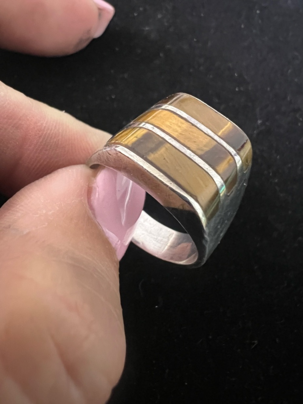 TAXCO 925 STERLING SILVER TIGERS EYE INLAY RING.  SOLID